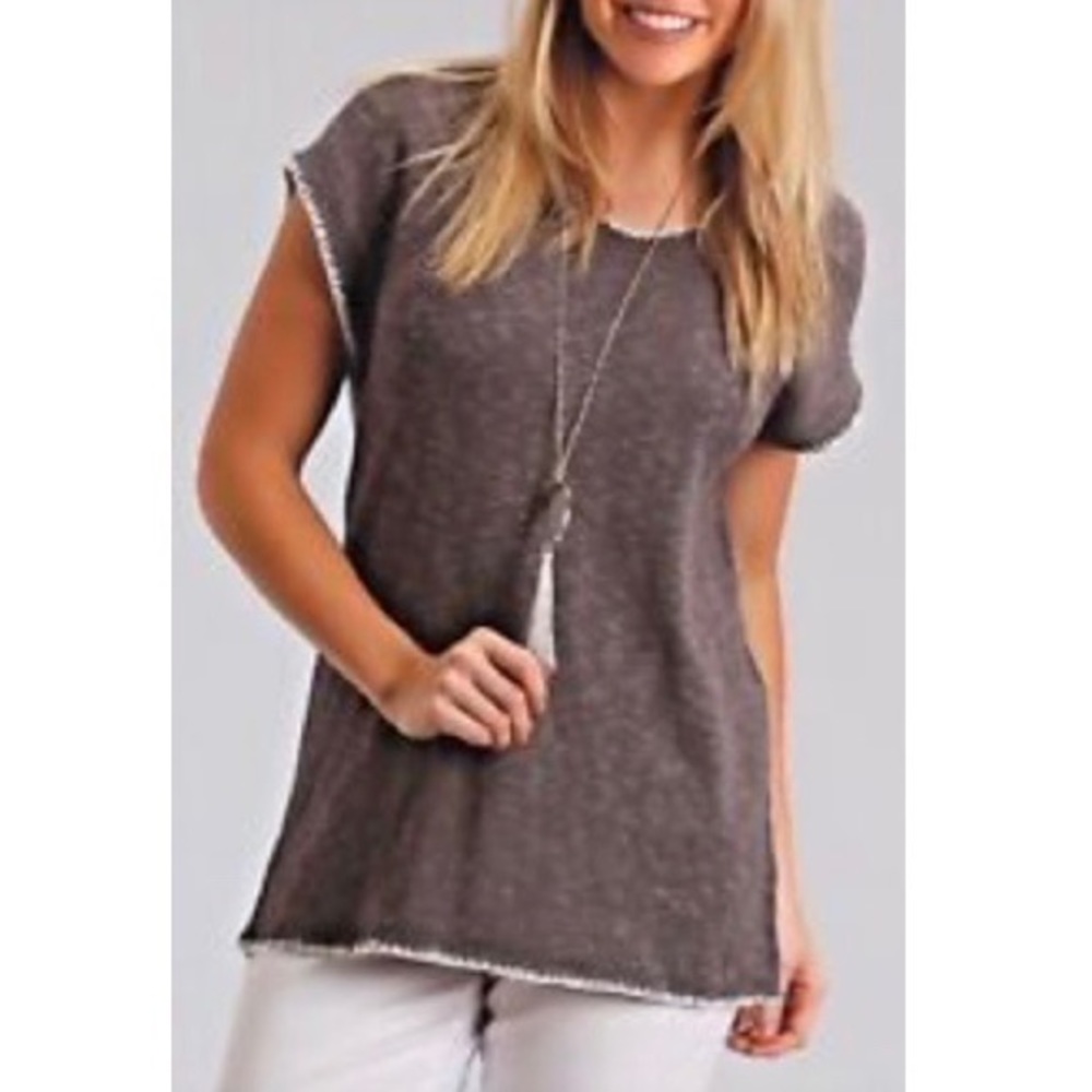 Fresh Produce Layla Textured Tunic Top Shale Grey White Whip Stitch V-Neck XS/S